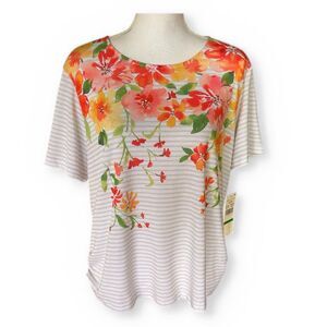 Alfred Dunner Petite Floral Tiki Time Top PL Striped Ruched Hem Stretch NWT